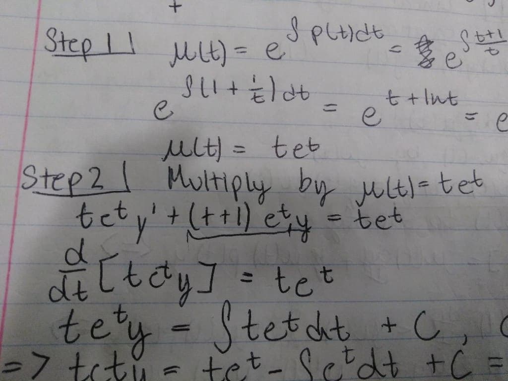 Handwritten differential equations notes — integrating factor method