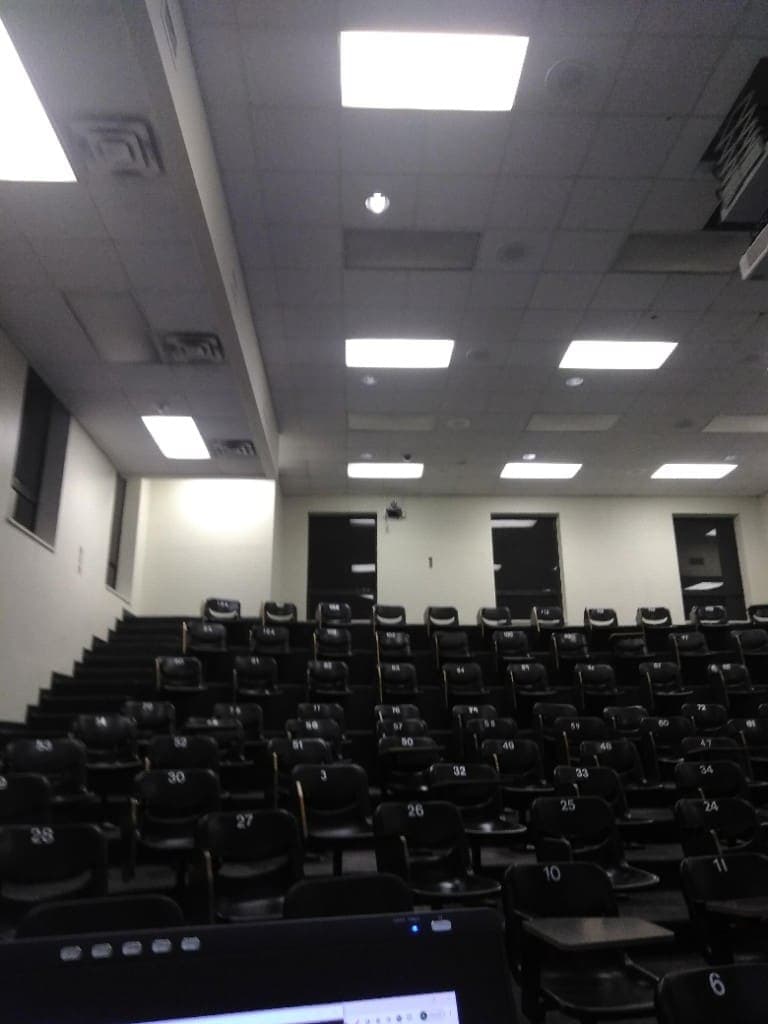 Empty lecture hall from the front — classroom AV support environment