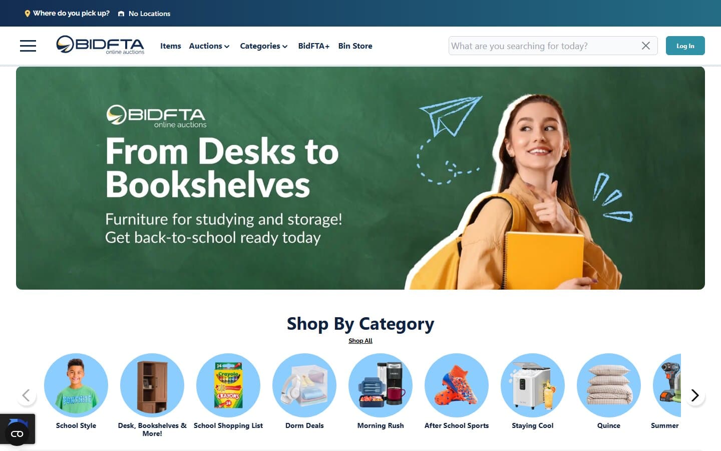 BIDFTA online auctions homepage with promotional hero and category shopping