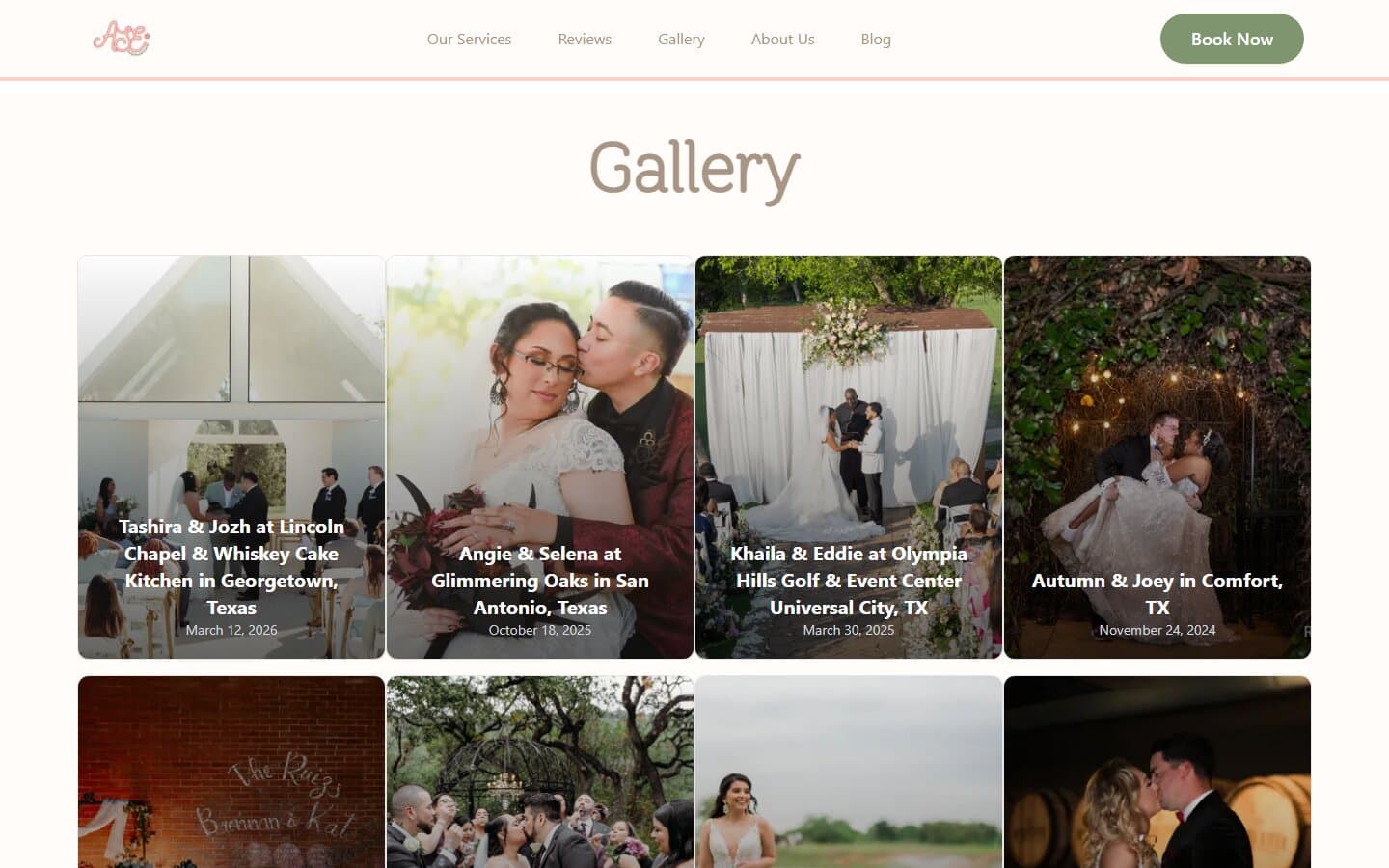 Wedding and event gallery grid managed through Contentful