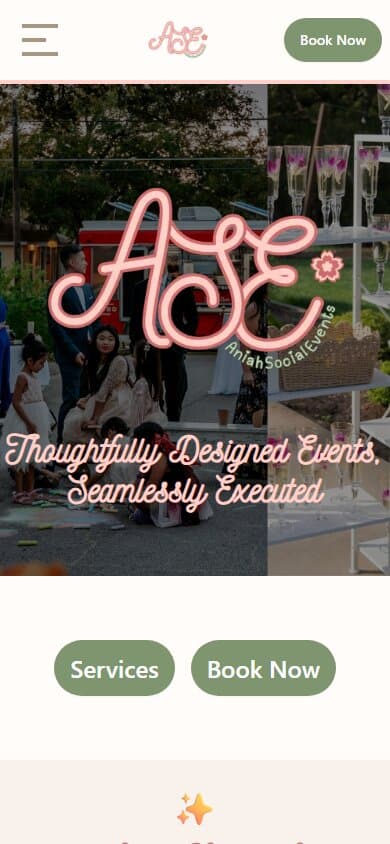 Aniah Social Events mobile homepage with Book Now and Services CTAs