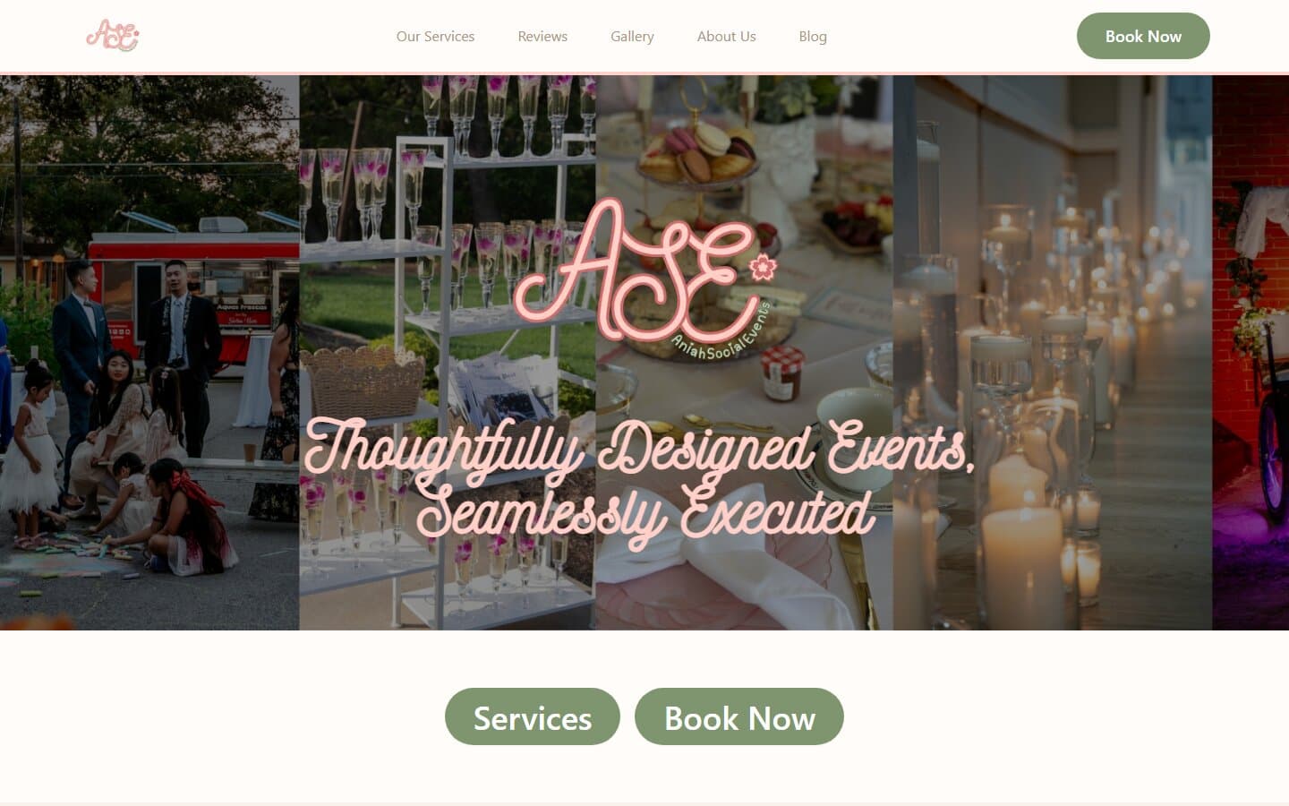 Aniah Social Events homepage — thoughtfully designed events, seamlessly executed