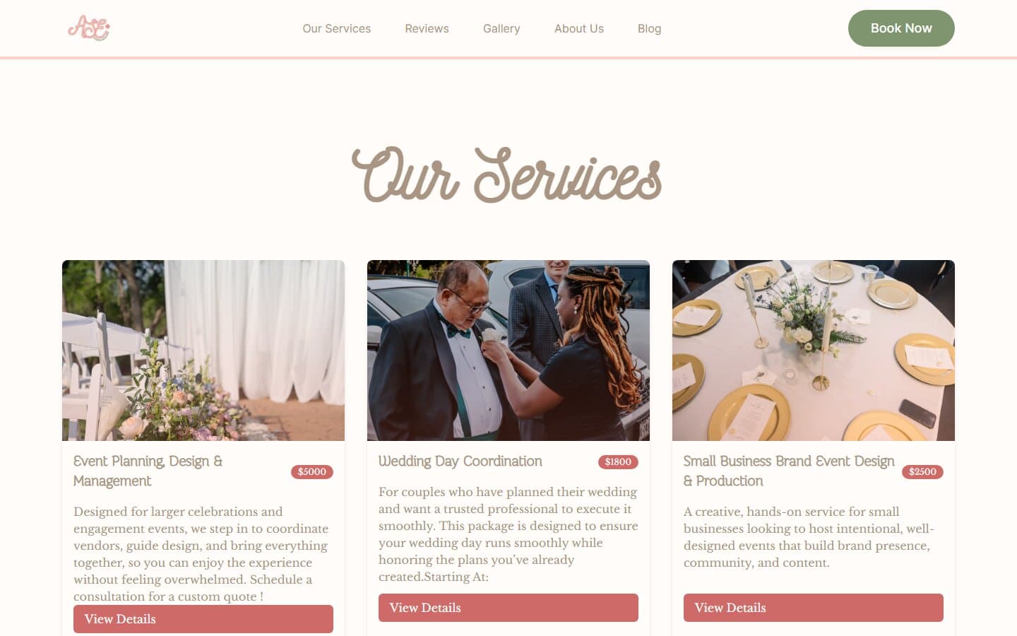 Aniah Social Events services page with packages and pricing