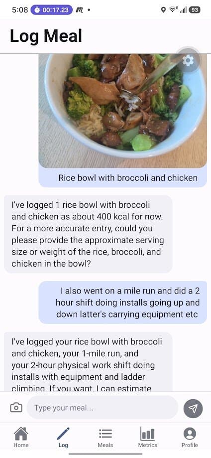 LAIZ AI meal logging chat with photo of a rice bowl and activity notes
