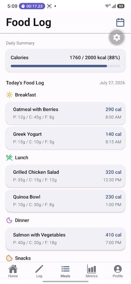 LAIZ food log with daily calorie summary and meal entries