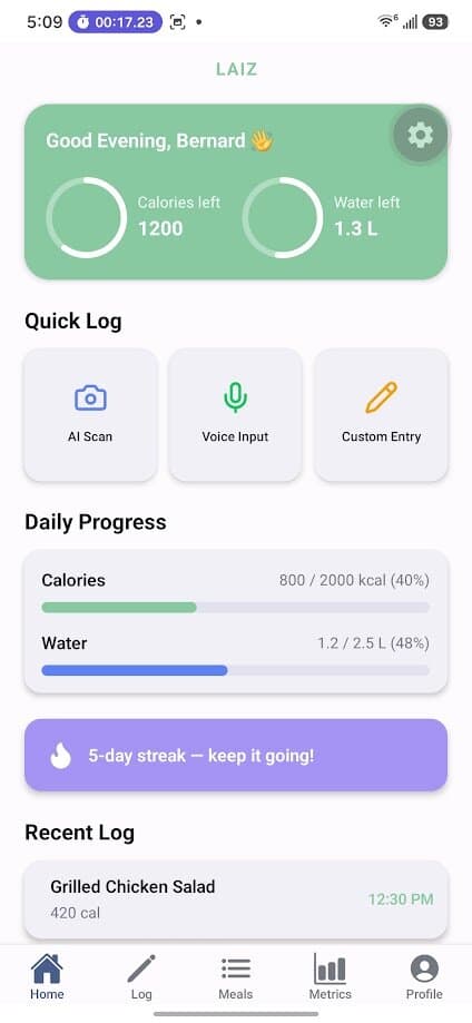LAIZ home — calorie and water rings, AI scan, voice input, and streak