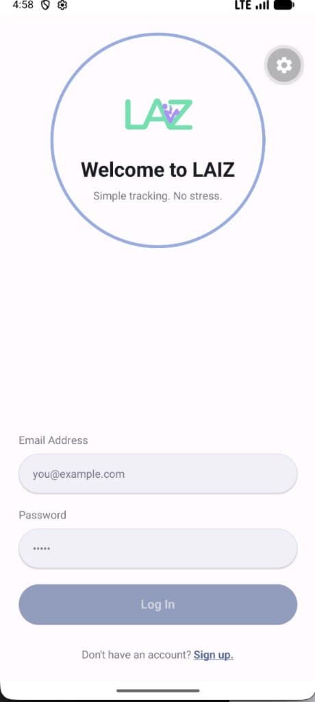 LAIZ login screen — Simple tracking. No stress.
