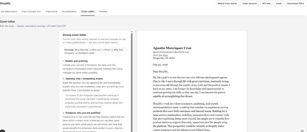 Job Hunter cover letter editor with live PDF preview and writing guidance