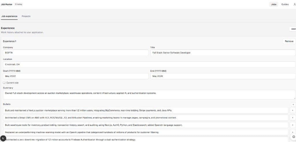 Job Hunter experience editor with reusable work history for applications