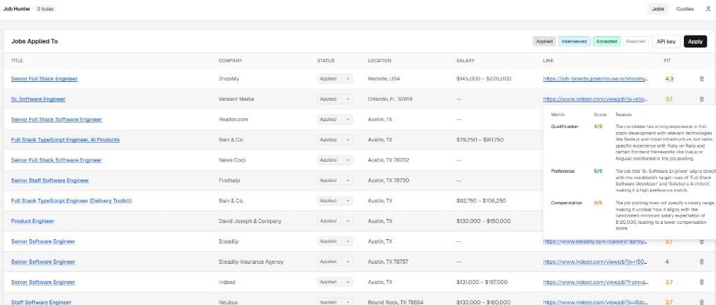 Job Hunter application tracker with AI fit score breakdown for qualification, preference, and compensation