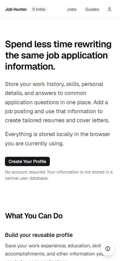 Job Hunter mobile landing page