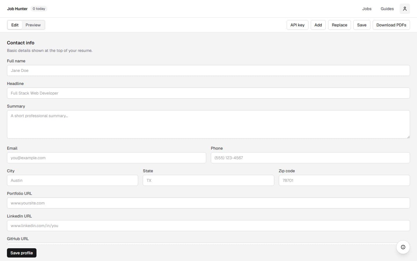 Job Hunter master profile editor with contact info and AI API key controls